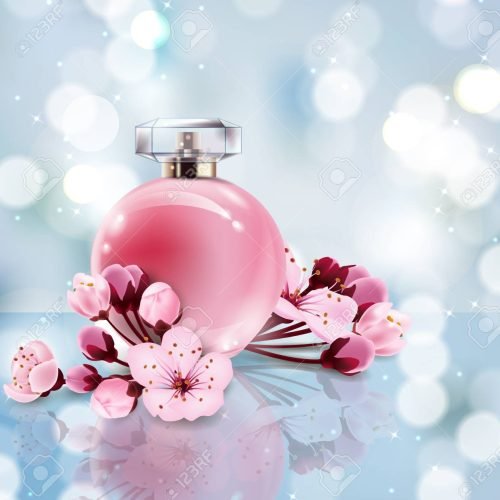Sakura perfume ads, realistic style perfume in a glass bottle on blurred blue background with bokeh with sakura flowers. Great advertising poster for promoting a new fragranceVector template Sakura perfume ads, realistic style perfume in a glass bottle on blurred blue background with bokeh with sakura flowers. Great advertising poster for promoting a new fragrance Vector template.